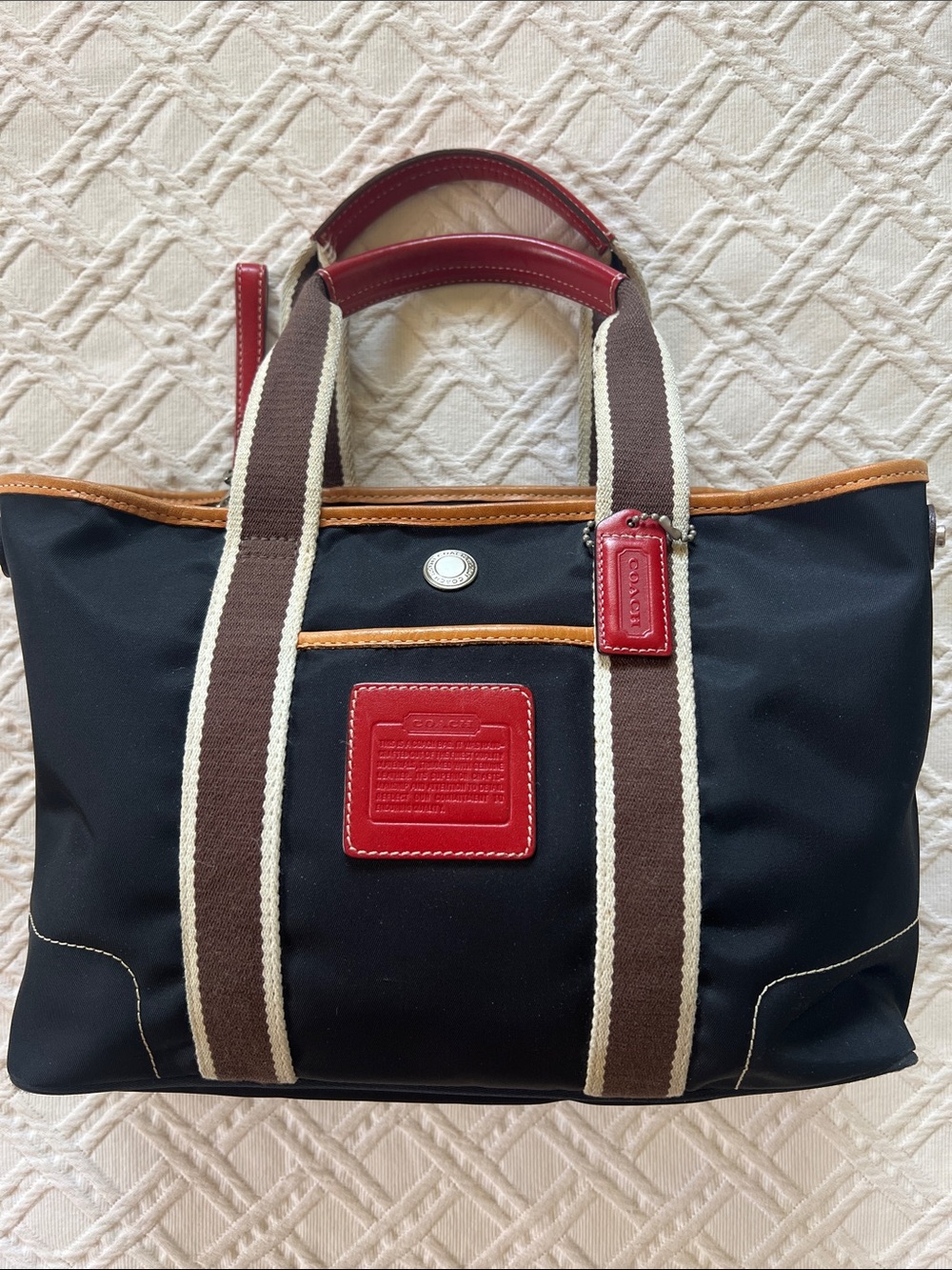 COACH Vintage Black Nylon Messenger Tote with Red Trim and Brown Straps